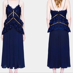 Navy Lace/ Pleated Midi Dress